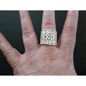 925 Sterling Silver Tall Cuff Style Cigar Band Heart Ring Open Filigree Boho